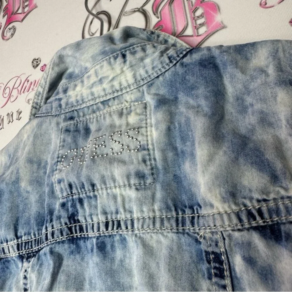 Guess dress high low denim look vest button up with floral skirt attached y2k
